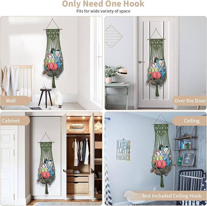 Stuffed Animal Storage, 63'' Jumbo Stuffed Animal Hammock Corner Wall Ceiling Over Door Hanging Toy Hammock Organizer, Avocado Green Toy Net w/ Boho Tassels Star Light for Nursery Boys Girls
