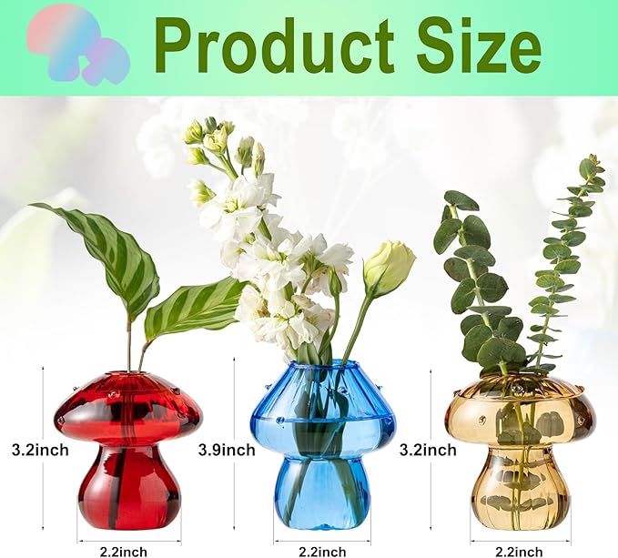 Mushroom Vases, Set of 3 Colored Plant Propagation Station, Mushroom Propagation Vase, Mini Terrarium for Plants, Cute Glass Hydroponic Vase for Flowers, Gifts for Women, Plant Lover (3)