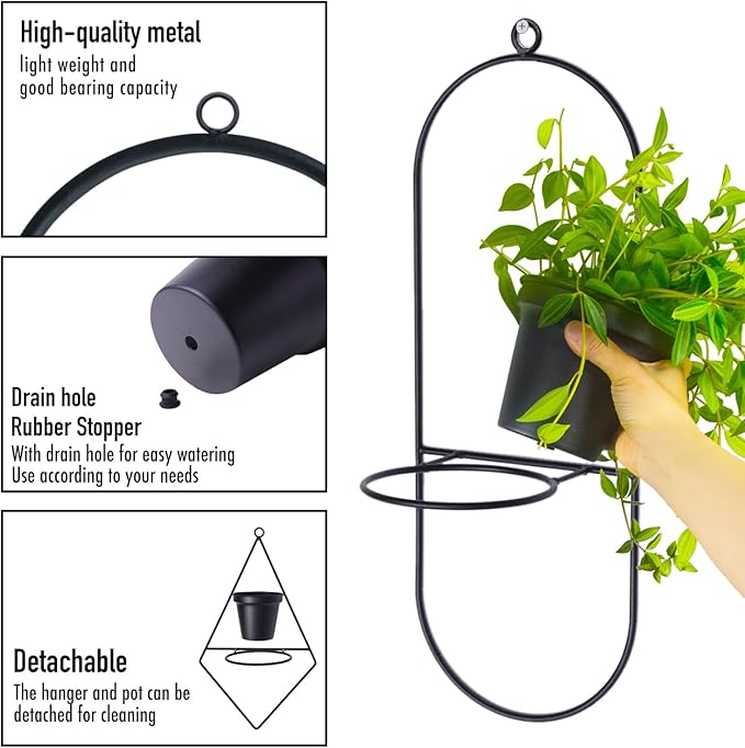 Geometric Wall Planters for Indoor Plants – Set of 2 Black Metal Wall Mounted Plant Holder (Round & Oval Shapes) with 5 Inch Flower Pots, Modern haning planters for Indoor Outdoor Décor