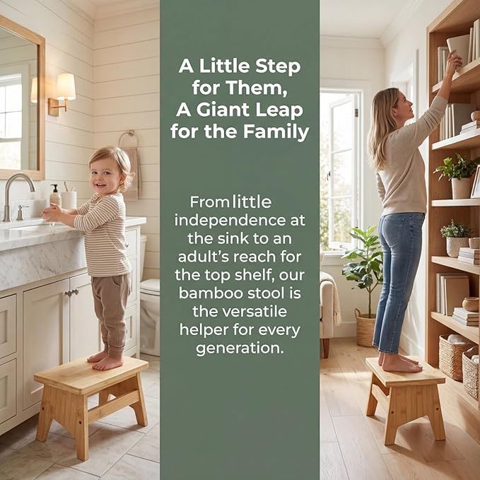 Lyellfe Bamboo Step Stool, Non-Slip One Step Stool, Potty Training Stool, Portable Sturdy Bedside Stool for High Beds, Support up to 300lbs, Easy Assembly