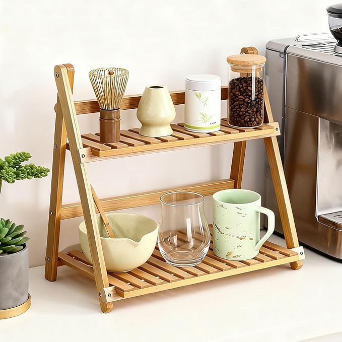 Matcha Station Organizer Shelf：Bamboo organizer for coffee bar,Matcha Whisk,Small plants,bathroom,11.7" Foldable Countertop Display Rack for Kitchen,Window Sill&Living Room 2 Tier