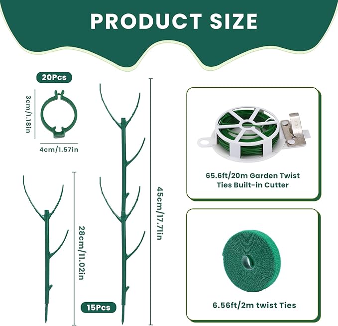 Decorative Stackable Twig, Plant Support Frame & Cage Support Rings, Plant Holder Stick Moss Pole, Twig Trellis 15 with Poles for Indoor Outdoor Potted Plants Flower Other Climbing Plants (Green(B))