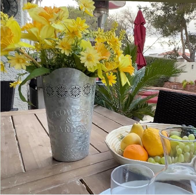 Lily's Home Set of 2 Rustic Farmhouse Galvanized Metal Wall Planters, with Floral Accents for Indoor or Outdoor Artificial Greenery. Rustic Hanging Flower Holders Wall Decor