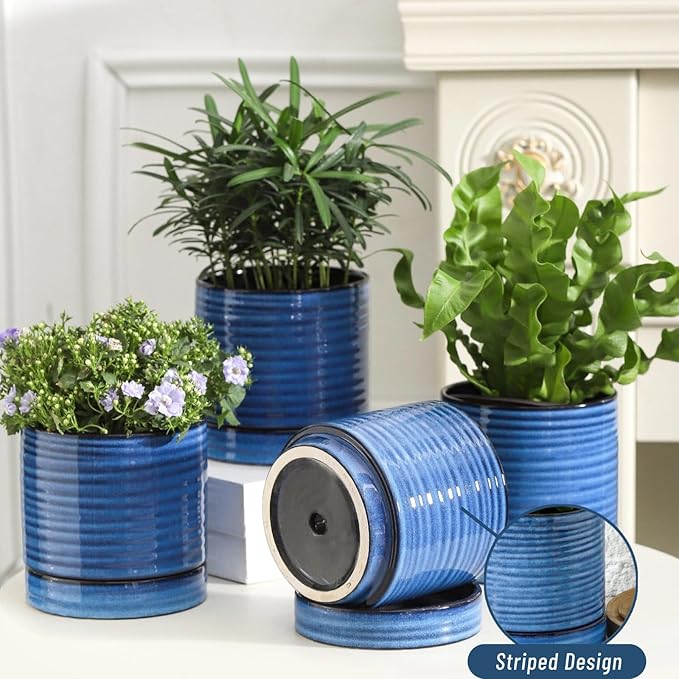 HASENSE Ceramic Plant Pots with Saucers Set of 4, 4.6 Inch Planters for Indoor Plants with Drainage Holes,Blue Flower Pots for Snake Plants & Cactus, Modern Farmhouse Windowsill & Tabletop Decor