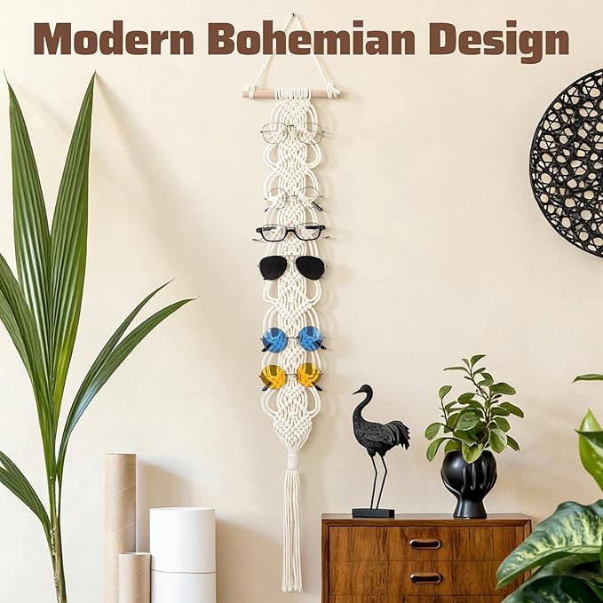 AceOrbit Macrame Sunglasses Holder Boho Wall-Mounted Hanging Sunglasses Organizer Vertical Woven Glasses Holder Display Storage Rack for Bohemian Bedroom Home Office Decor(Classic Style,Beige)