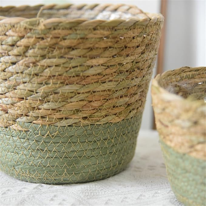 Seagrass Planter Basket Small Size Wicker Storage Basket with Plastic Liner Hand Woven Rattan Flower Pot Rustic Boho Plants Container for Home Farmhouse Indoor Outdoor (Medium)