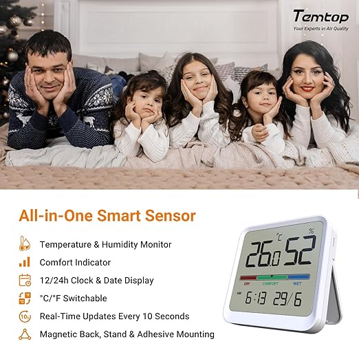 Temtop Indoor Thermometer Hygrometer, Precision Digital Temp/Humidity Monitor with Magnet & 3M Sticker, Date & Time, Wall/Magnet/Stand Mount, for Home, Office, Nursery, T1-SE