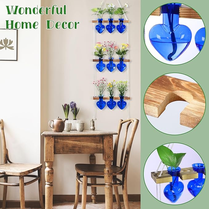 Leinuosen Wall Hanging Plant Propagation Stations Mother Gifts for Her Plant Lovers 3 Tiered 9 Heart Shaped Glass Vases Terrarium with Wooden Stand for Hydroponics Indoor Garden Home Decor(Blue)