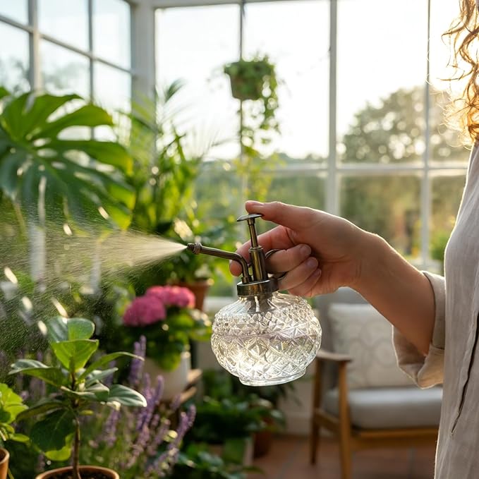OFFIDIX Plant Mister, 300ML Vintage Glass Spray Bottle with Plastic Top Pump, Small Decorative Spritzer Watering Can for Indoor Outdoor House Plants (Transparent)