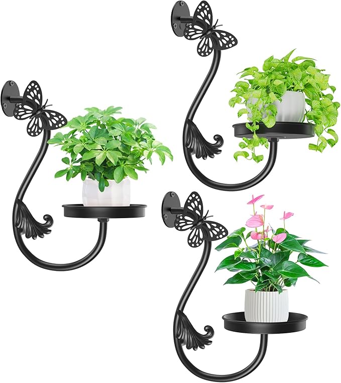 Wall Plant Holder Indoor, Metal Hanging Planters Hanger Floating Flower Display Stand for Window, Plant Shelves Hanging Plant Holder Window Plant Hanger Plant Decor Black (Butterfly-3Pc)