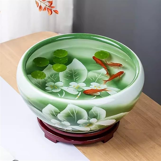 Decor Hand-Painted Green Lotus Finish Ceramic Fish Tank Desktop Fortune Goldfish Turtle Feeding Tank Ceramic Round Planter Starter(50x50x23cm)