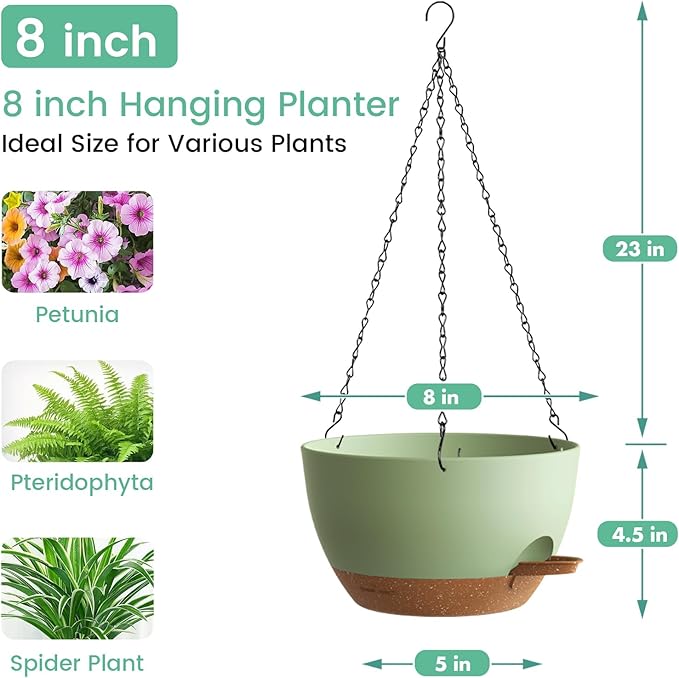 UOUZ 4 Pack 8 Inch Self Watering Hanging Planters for Indoor Outdoor Plants，Hanging Pots for Plants with Drainage Removable Tray, Hanging Baskets Flower Pots for Pothos Spider Garden Green with Brown