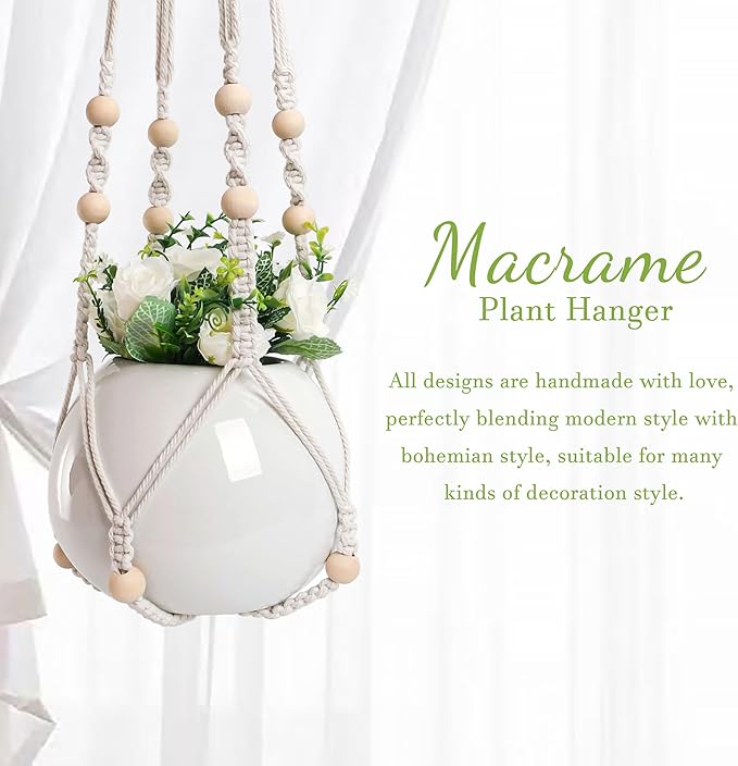 EWPJDK 3 PCS Macrame Plant Hanger Indoor Hanging Planter Basket with Wood Beads Plants Holder Decorative Flower Pot Holder (POTS NOT Included) (Ivory White)