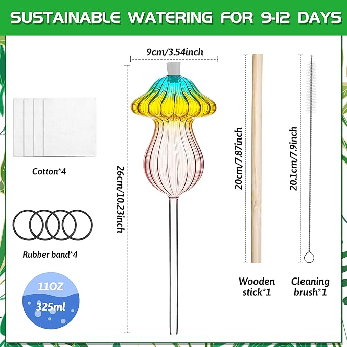 11 oz Large Plant Watering Globes, Glass Self Watering Globes, Gradient Color Mushroom Self Watering Planter Insert, Vacation Plant Watering Devices, Automatic Watering Bulbs (Large-4 Pack)