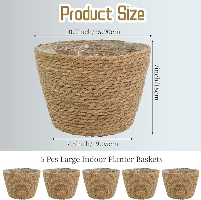 5 Pcs Large Premium Seagrass Planter Basket 10.2x7.5x7 Stylish Planter Baskets Woven Wicker Baskets with Plastic Lining for Indoor Outdoor Flower Plants Pots Cover Room Decor