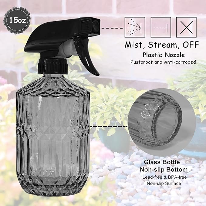 YYTSGG Glass Plant Mister Bottle, 15oz Refillable Water Spray Bottle with Adjustable Mist Nozzle for Indoor Flowers, Outdoor Gardening, Cleaning, Hair and Pets Care (Gray)