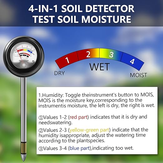 4-in-1 Soil Tester, Battery Free Plant Moisture Meter with PH/Moisture/Light Test/Fertilizer, Soil PH Meter for Garden, Lawn, Potted Plants, Farm (90° Rotation)