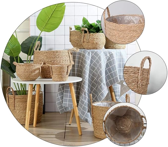 Cabilock Picnic Basket Seagrass Planter Basket Flower Pot Cover Straw Weaving Plant Container Vase Wicker Trash Can Garbage Bin Rattan Storage Organizer Bin Laundry Hamper Plant Pots