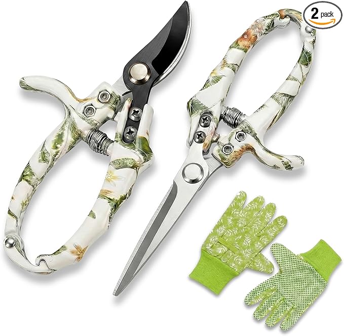 Pruning Shears for Gardening 2-Pack – 6.7" SK5 Bypass Pruner & 7.2" Straight Snips with Non-Slip Gloves – Lightweight Floral Garden Clipper for Women, Rose Trimmer & Plant Scissors Gift Set