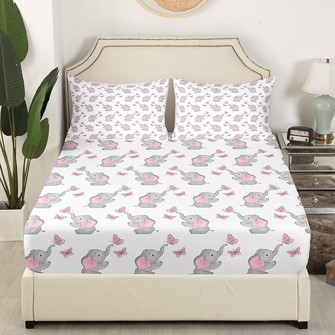 Feelyou Cute Elephant Sheets Set, Cartoon Little Elephant Butterflies Bed Sheet Set Twin Size, Animal Print Decor Bedding Set for Girls Women Grey Pink Sheets with Deep Pocket Fitted Sheet