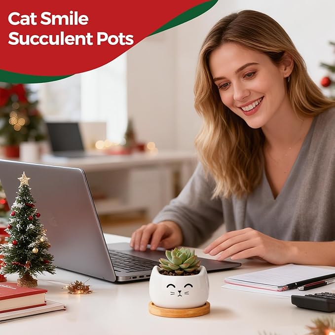 T4U Cat Planter 3.8 Inch, 3 Pcs Cute Cat Small Plant Pots for Indoor Plants, Mini Cat Succulent Pots for Plants, Ceramic Succulent Planters with Drainage, Tiny Flower Pots