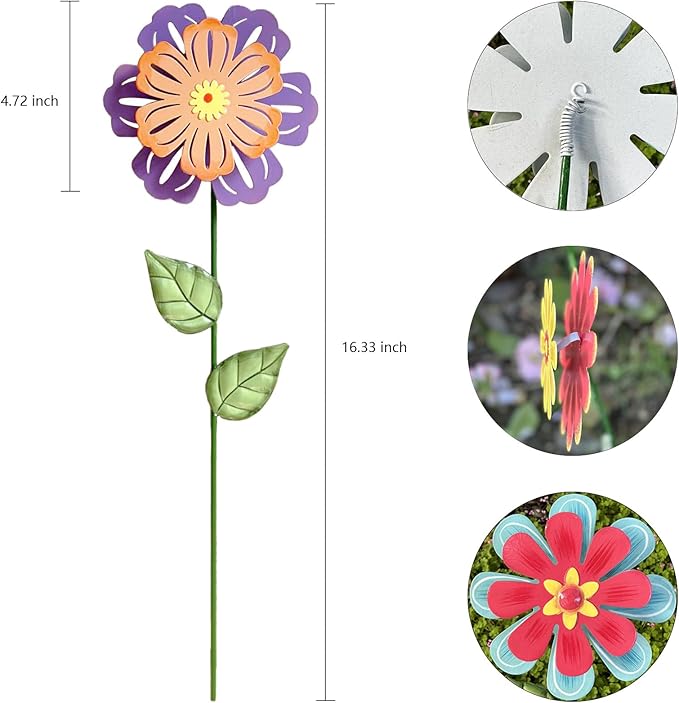 HUTHDAK Metal Flowers for Outside,4 Pack 16.33" Decorative Garden Stakes with Swaying Flowers Head Yard Art,Spring Garden Decor for Lawn, Pathway & Yard