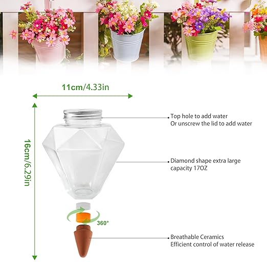 Watering Globes XL - 6 Pcs Diamond Plastic Shape Plant Watering Globes Self Watering Planter Insert 17oz Large for Indoor＆Outdoor Plants Watering Bulbs