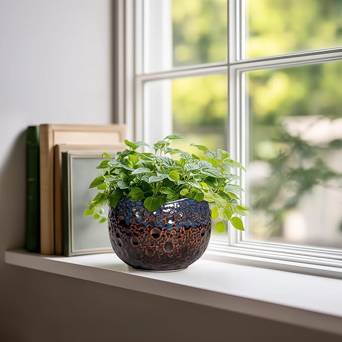 6 Inch Plant Pot - Ceramic Pots for Indoor Outdoor Plants, Round Decorative Planters with Drainage Hole and Plug, Unique Flower Pots, Home Office Decor, Gardening Gifts for Women, Brown-blue