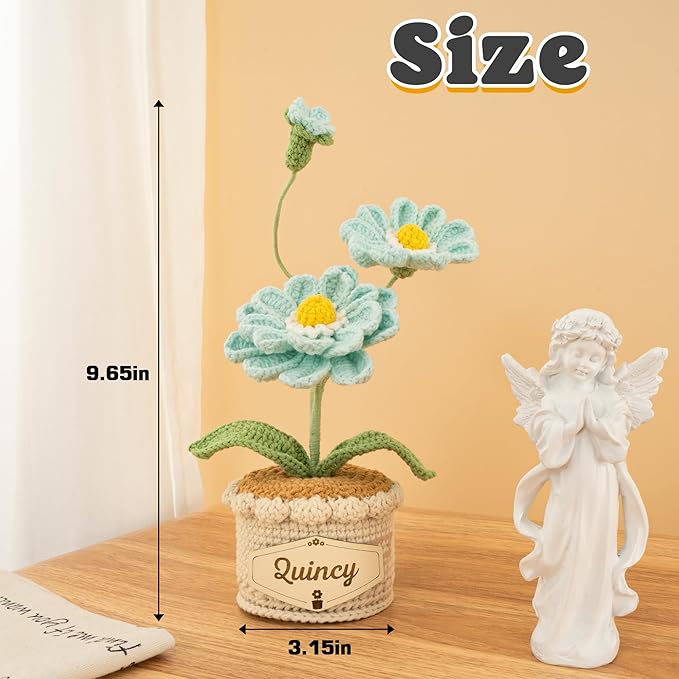 Crochet Flowers with Personalized Leather Name Tag Handmade Knitted Flowers for Home Office Desk Decor Crochet Zinnia Potted Plant for Women Crochet Everlasting Flower Birthday Gifts(Blue)