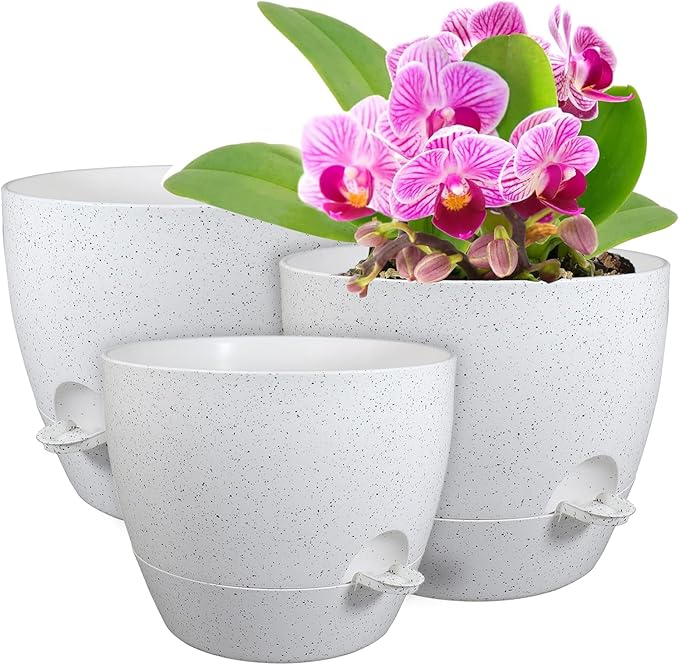 WSMKSZ 12/10/9 inch Large Self Watering Pots, Plant Pots with Mesh Drainage Holes for Indoor Outdoor Garden Plants, Flower Pots with Deep Reservoir, Set of 3 Plastic Planters, Specked White