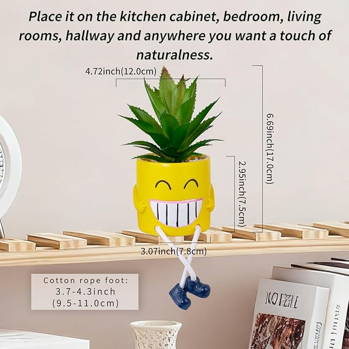 Fake Plants Small Potted Succulents with Yellow Pot, Creative Artificial Succulent Plants in Hanging Leg Fun Pot, Mini Vibrant Faux Plant for Home Office Desk Decor and Gift Choice