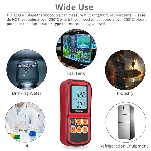 Kamtop Digital Thermometer, Dual Channel Thermometer with Two K Type Thermocouple Probes, High Temperature Meter Dual Measurement Meter Sensor Backlight LCD for K/J/T/E/R/S/N Type