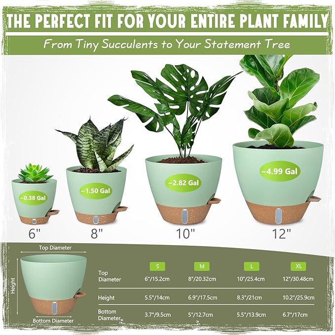 Self-Watering Pots for Indoor Plants 4 Pack, 6/8/10/12 Inch Outdoor Planters with Water Level Indicator & Deep Reservoir, Decorative Flower Pots for Home Decor (Green, 12+10+8+6 Inch)