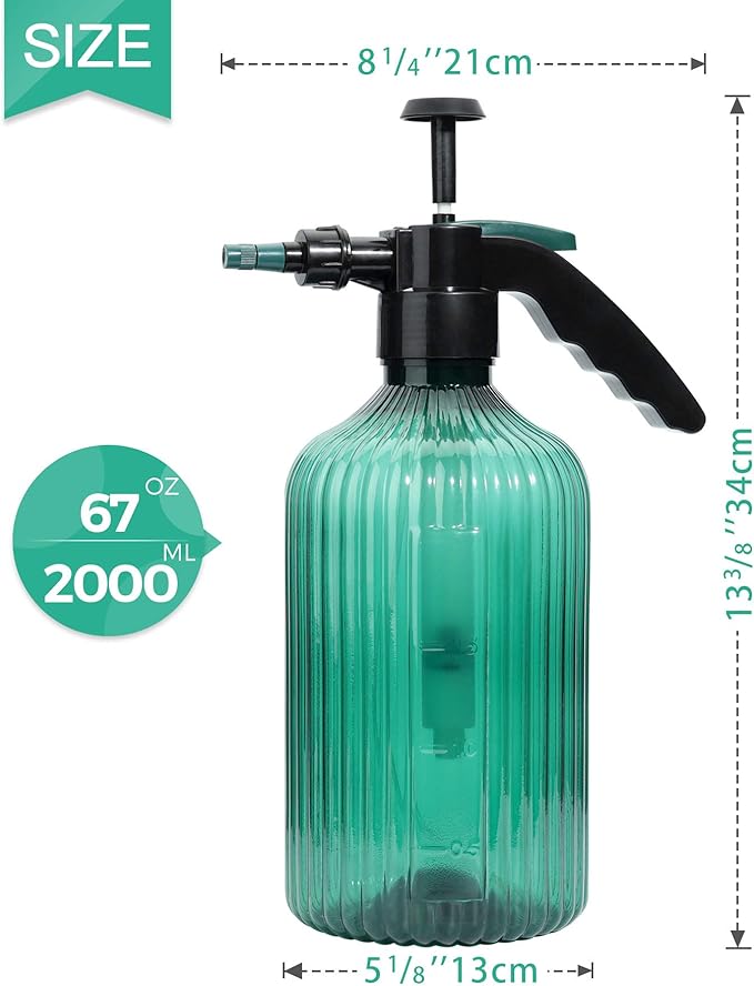 T4U Fine Mist Spray Bottle Plastic Green 2L, Hand Held Pressure Plant Mister with Top Pump, Empty Water Sprayer Watering Can with Adjustable Nozzle for Indoor and Outdoor Gardening and Home Cleaning
