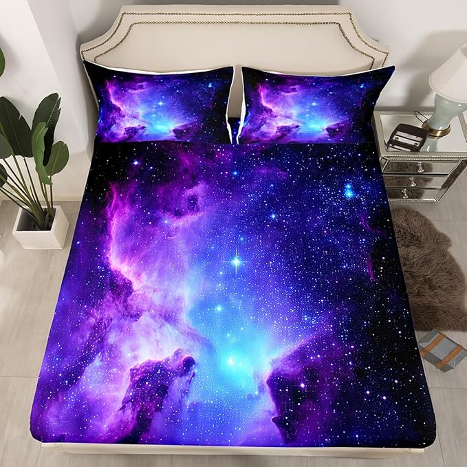 Feelyou Galaxy Bedding Set Kids Girls Queen Bed Sheets Outer Space Universe Starry Sky Sheet Set Teens Women Ultra Soft Purple Stars Decor Deep Pocket Fitted Sheet+ Flat Sheet + Pillow Case