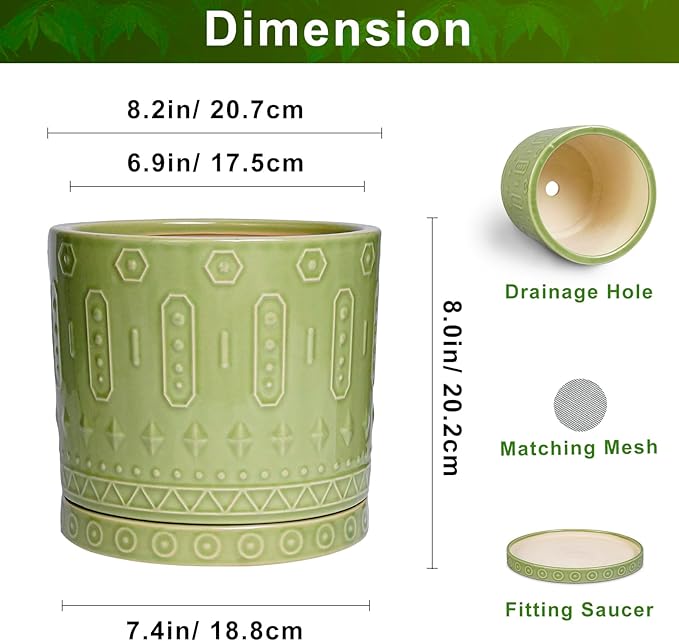 Eightpot 8 Inch Plant Pots - Ceramic Planter for Indoor Plants Outdoor, Round Ceramic Flower Pots with Drainage Hole and Saucer, Boho Decorative Planter, Home Bedroom Decor, Birthday Gifts, Green