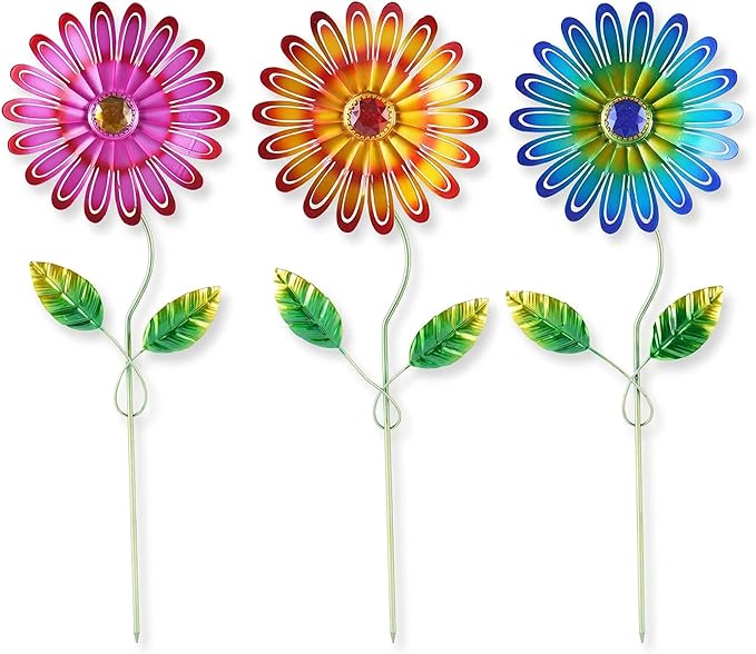 Metal Flower Garden Stakes 3 Pcs, Weatherproof Rust Resistant Yard Art for Outdoor Patio Lawn Pathway Decorations