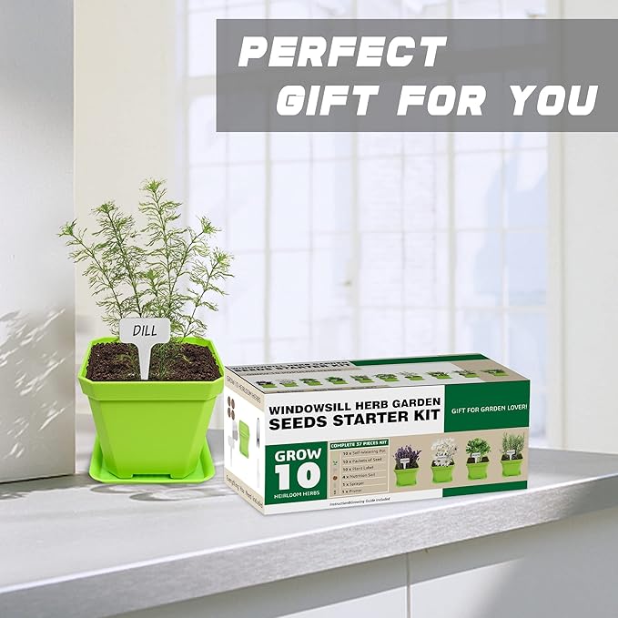 Meekear 10 Herb Seeds Garden Starter Grow Kit with Green Pots, Markers, Soil Discs, Watering, Herb Clipper, Complete Indoor Potted Plant Growing Set for Kitchen DIY