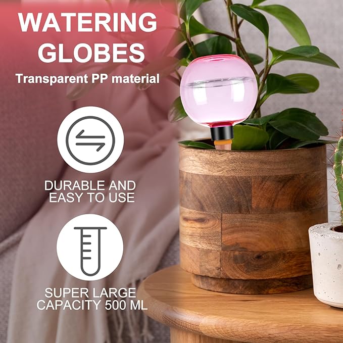 4 Pack Self Watering Globes 17oz Large Plant Watering Globes Top Fill, Self Water Planter Insert Indoor/Outdoor Plastic Water Bulbs Slow Release Terracotta for Plants, Pink