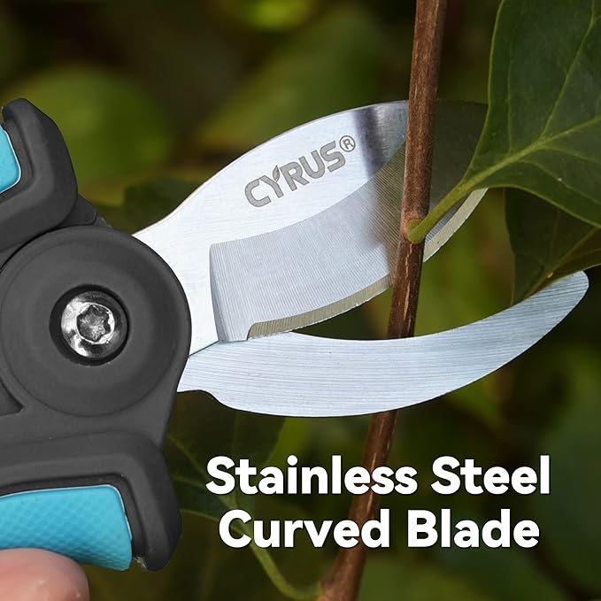 CYRUS 6'' Garden Scissors Small Pruning Shears with Curved Blades,Hand Pruners for gardening,Floral Flower Shears for Plants Trimming,Stainless Steel Blue