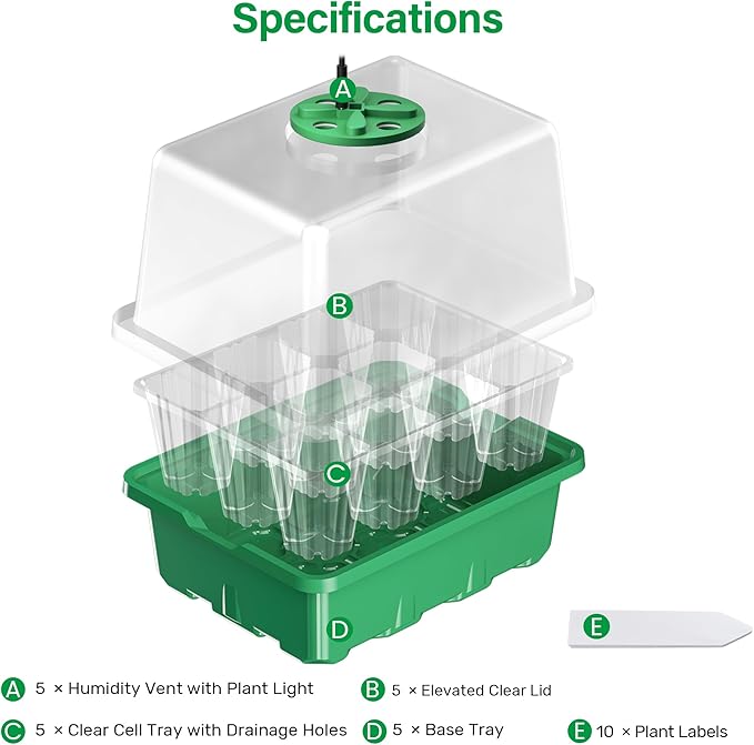 Bonviee 5 Packs Seed Starter Tray with Plant Light, Elevated Seedling Starter Trays Kits with Adjustable Humidity Domes and Clear Cell Tray, 12 Full Spectrum led lamp Beads for Plants Indoor-Green