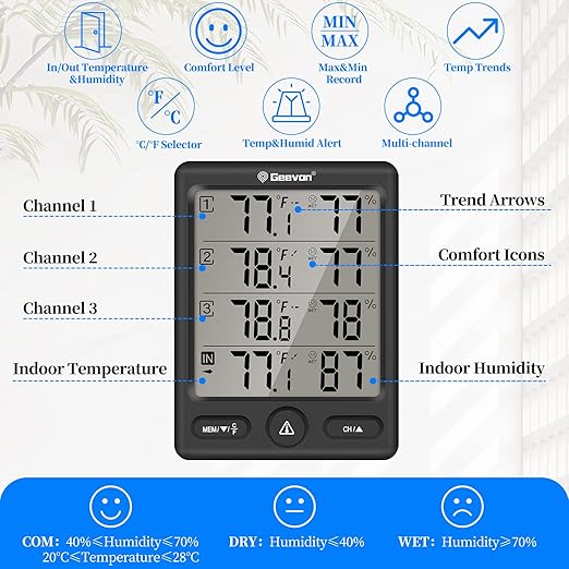 Geevon Indoor Outdoor Thermometer Wireless with 3 Remote Sensors, Digital Hygrometer Thermometer, Wireless Temperature Humidity Monitor Gauge with 200FT/60M Range