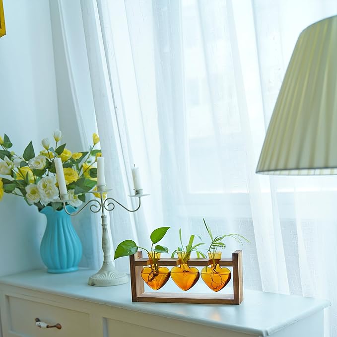 Kingbuy 3-Heart Plant Terrarium Kit - Stained Glass Vase Propagation Station with Vintage Wood Stand - Wall-Mounted Tabletop Indoor Garden Decor for Home Kitchen Wedding Gift for Plant Lover, Amber