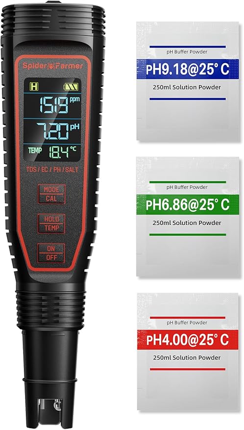 Spider Farmer 5-in-1 Digital pH Meter Kit for Water, TDS EC Temperature Salinity Tester with ATC Rechargeable for Plants Hydroponics Pool Fish Tank and Aquarium (IP67 Waterproof)