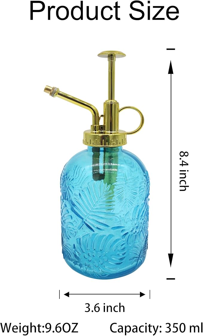 Glass Plant Mister Spray Bottle, 350ML Vintage Plant Spritzer, Succulent Watering Bottle Glass with Top Pump, Small Plants Sprayer Watering Can for Indoor(Blue)