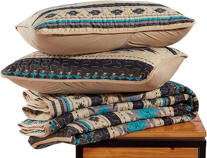 Chezmoi Collection 3-Piece Southwestern Geometric Tribal Quilt Set - Multicolor Teal Beige Black Gray Lightweight Quilted Bedspread Set, Full (90" x 95")