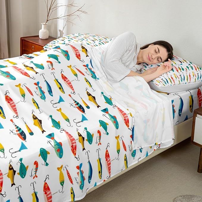 Fish Sheets Set Queen Size Cute Fish Bait Sheets with Deep Pocket Fitted Sheet for Kids Boys Girls Colorful Fishing Hooks Bed Sheet Set Nature Fishing Theme Bed Set Room Decor 4Pcs with 2 Pillow Case