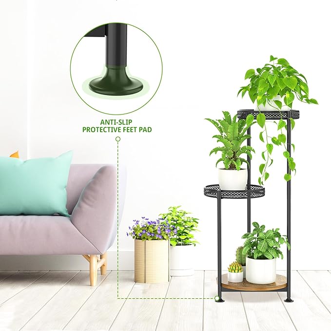 Oppro 3 Tier Large Plant Stand Indoor Outdoor Clearance, Metal Flower Shelf Pot Holder, 10in Wide Multiple Plants Tall Corner Display Rack for Patio Orchid Office Porch Living Room Garden, Black