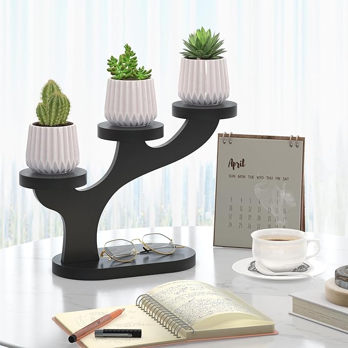 Bamboo Tabletop Plant Stand Indoor, 3 Tier Wood Desktop Small Plant Shelf Window Sill Flower Holder Mini Tiered Plant Display Rack for Patio Balcony Living Room Decor (black)
