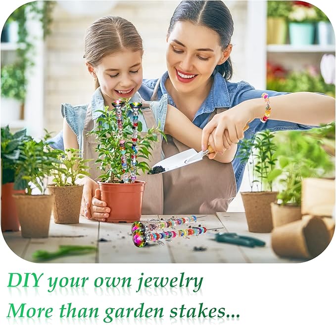 MTLEE 101 Pcs DIY Fairy Mini Wand Garden Beaded Stakes Kit Decorative Beaded Garden Stakes with Diamond Stopper Top Multiple Color Round Glass Bead with Pendant Silver Bead for Outdoor Decoration